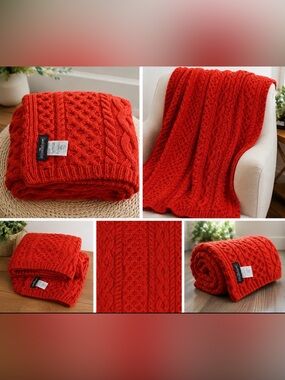 Irelandseye Ireland 100% Wool Aran Cable Knit Throw Blanket  Orange